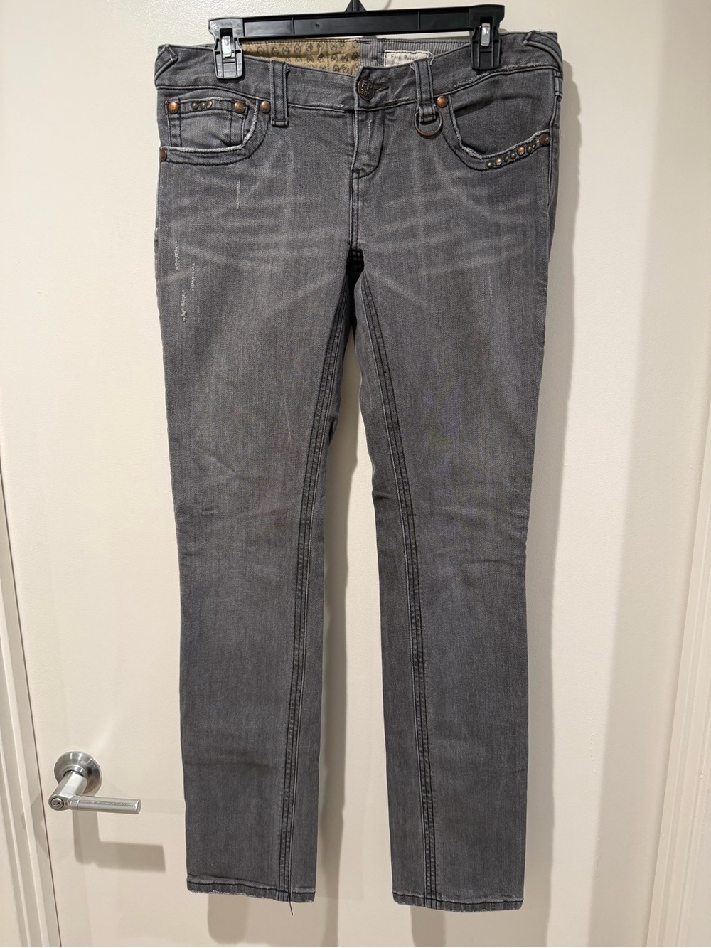 Vintage Free People Gray Jeans with Stud Accents and Wings on Back Pocket